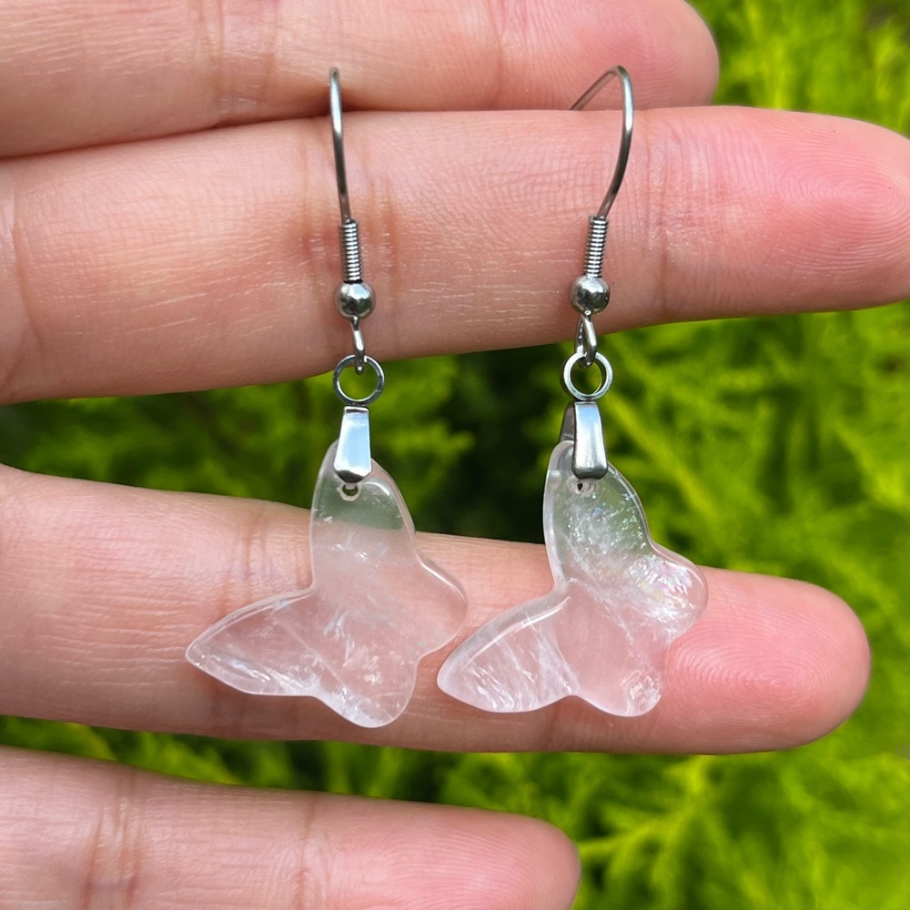 Stainless steel rose quartz butterfly drop earrings‎
